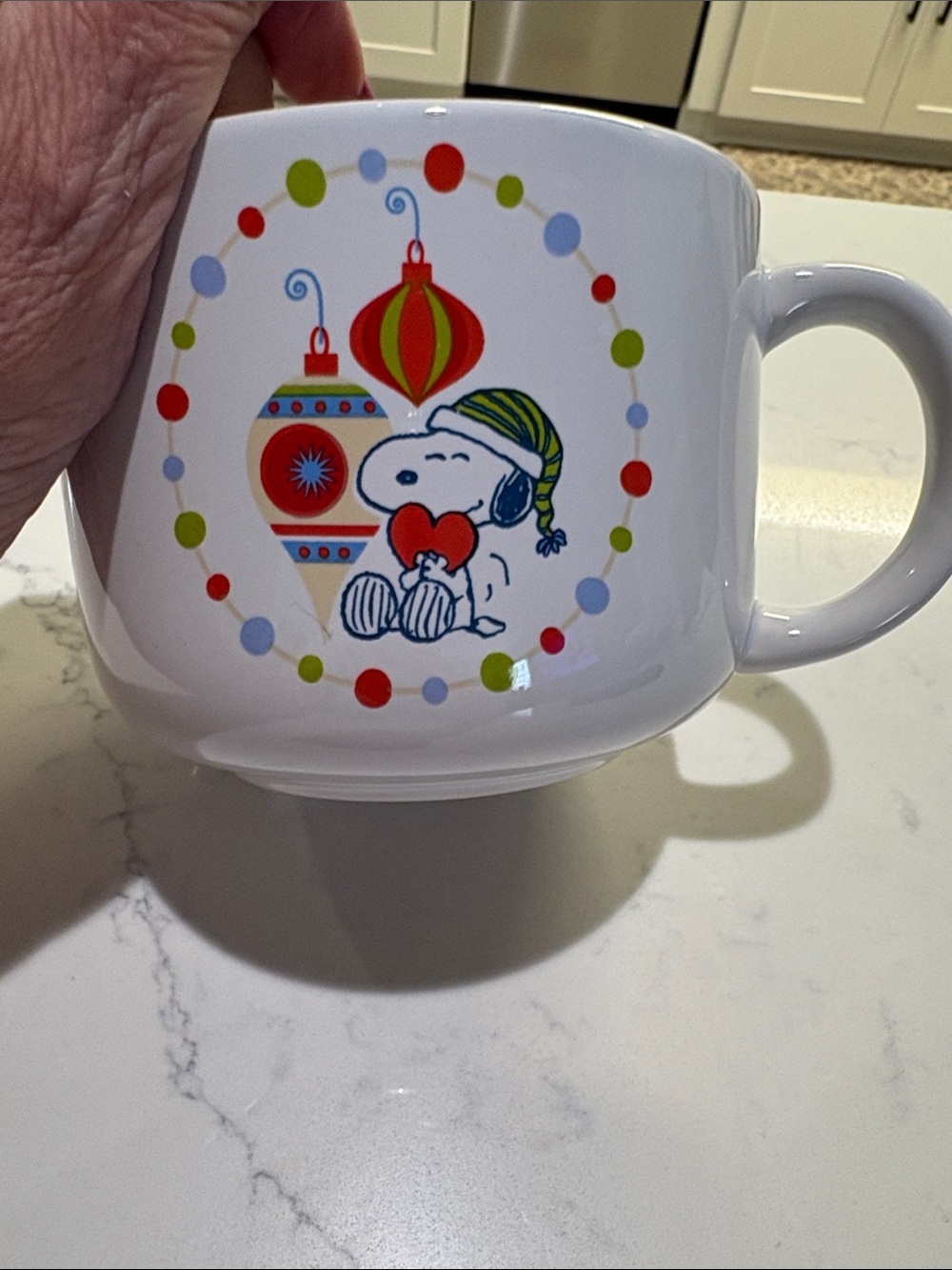 Disney White Mug with Snoopy Holiday Design in Red, Green, Blue